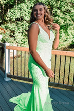 Light Green V Neck Sequins Mermaid Prom Dresses
