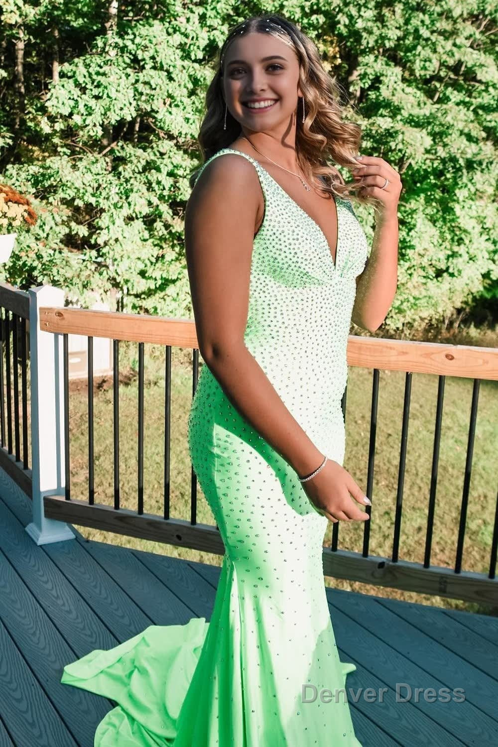 Light Green V Neck Sequins Mermaid Prom Dresses