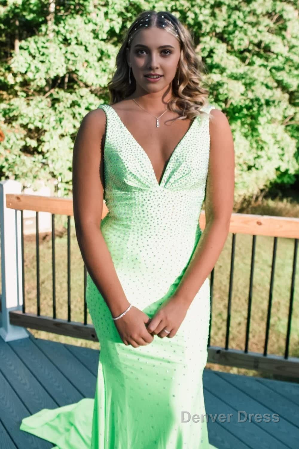 Light Green V Neck Sequins Mermaid Prom Dresses