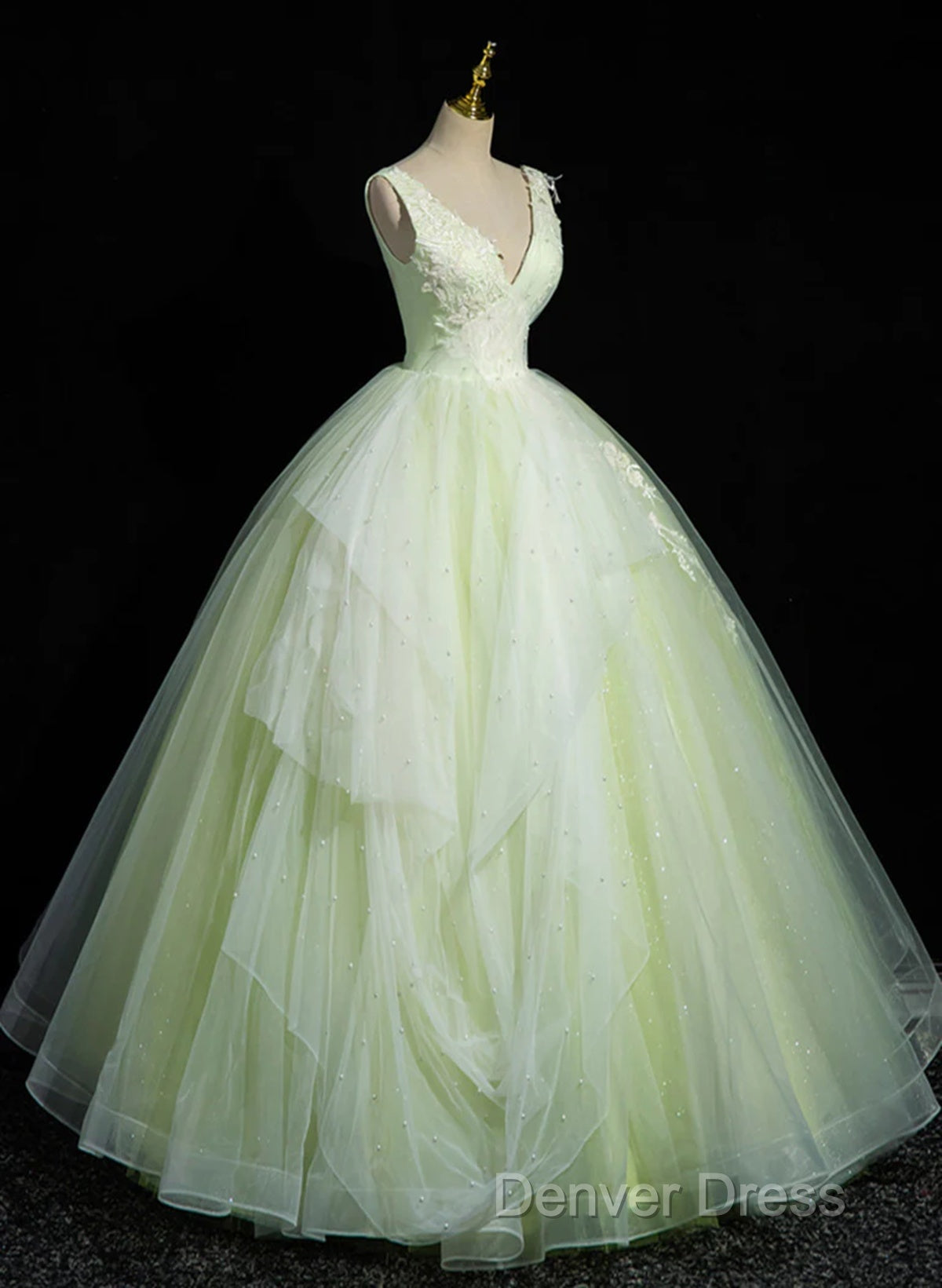 Light Green V-Neckline Tulle Long Party Dresses, Light Green Sweet 16 Dresses Secondary image