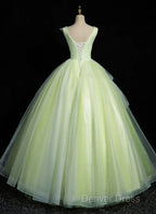 Light Green V-Neckline Tulle Long Prom Dress, Light Green Sweet 16 Dresses