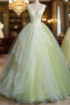 Light Green V-Neckline Tulle Long Party Dresses, Light Green Sweet 16 Dresses