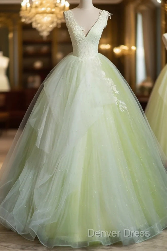 Light Green V-Neckline Tulle Long Party Dresses, Light Green Sweet 16 Dresses