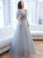 Light Grey A-Line Tulle Long Evening Dress Prom Dress, V-Neckline Party Dress