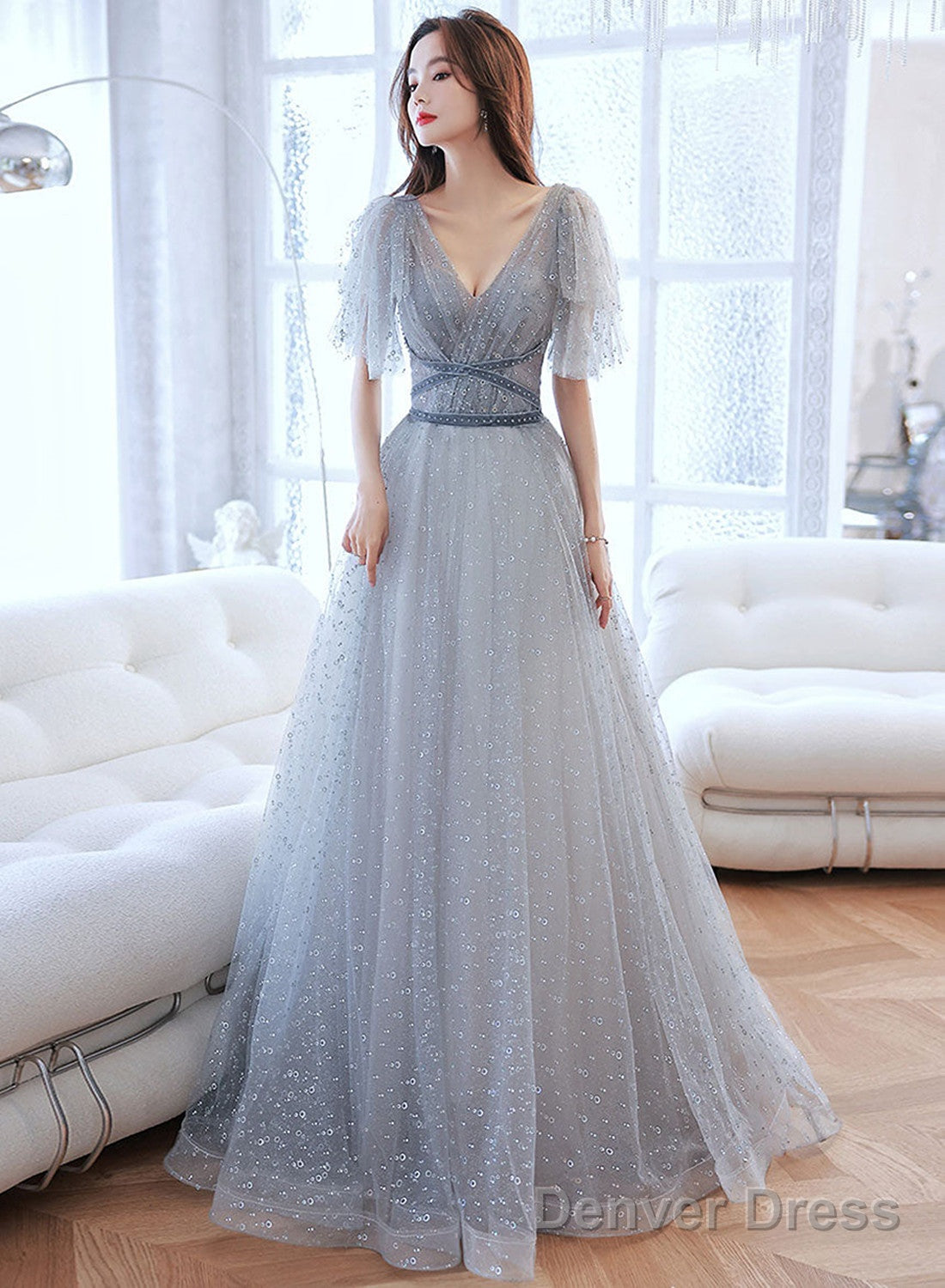 Light Grey A-Line Tulle Long Evening Dress Prom Dress, V-Neckline Party Dress