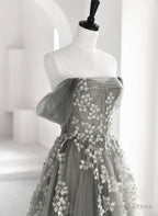 Light Grey A-line Tulle Long Formal Dress, Grey Tulle with Lace Applique Party Dress