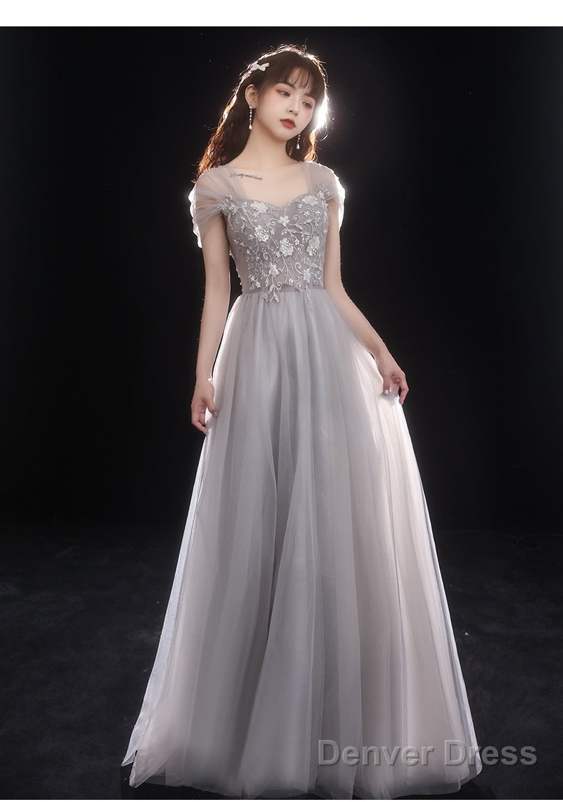 Light Grey Beaded Off Shoulder Tulle A-Line Junior Prom Dress, Grey Long Evening Dress