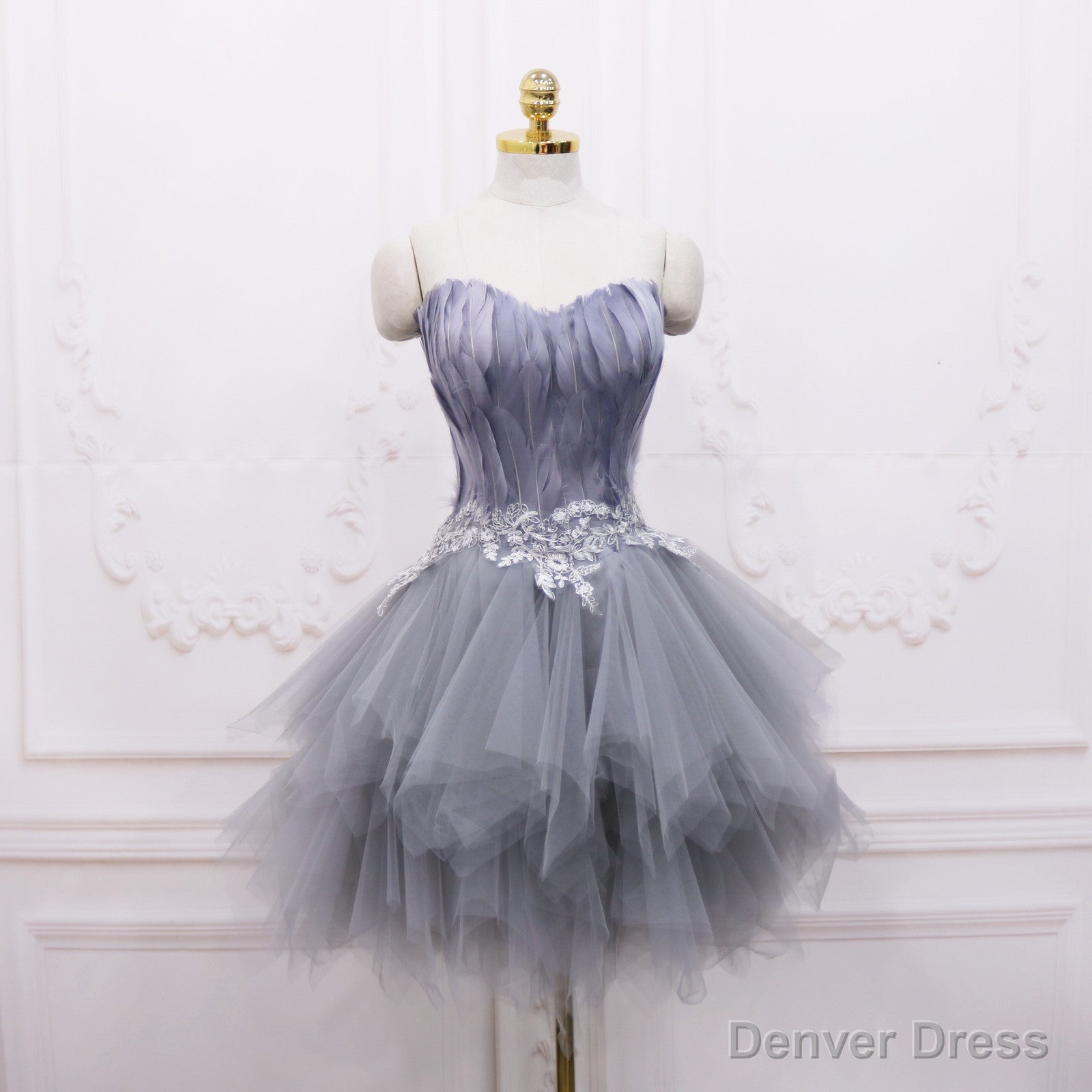 Light Grey Feather and Tulle Short Party Dress, Lovely Homecoming Dress