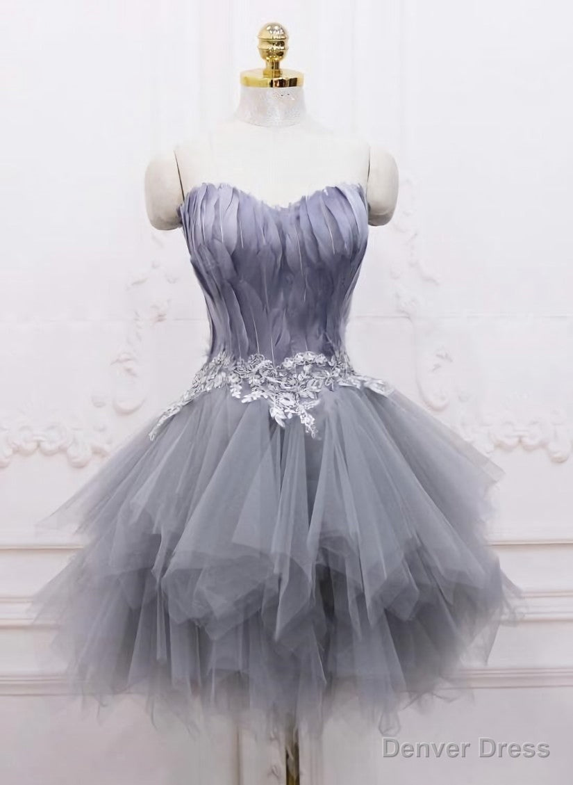 Light Grey Feather and Tulle Short Party Dress, Lovely Homecoming Dress Secondary image
