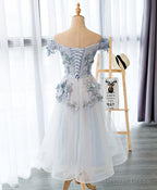 Light Grey Flowers Lace Off Shoulder Short Prom Dress, Light Grey Prom Dresses