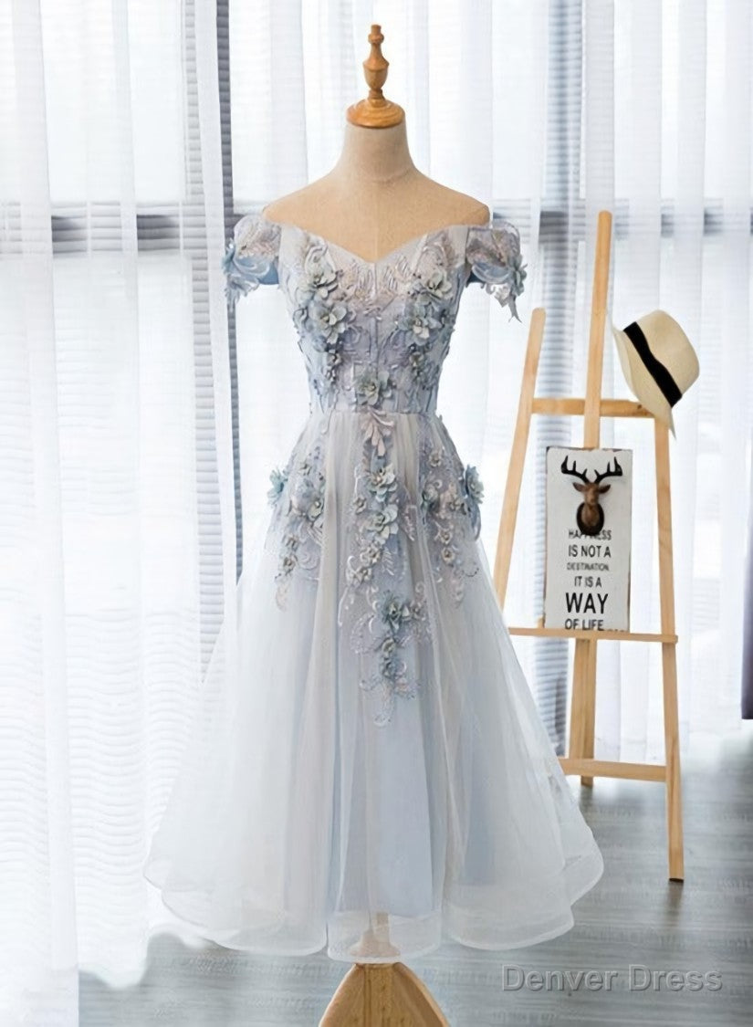 Light Grey Flowers Lace Off Shoulder Short Prom Dress, Light Grey Prom Dresses