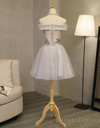 Light Grey Formal Dress, Off Shoulder Knee Length Prom Dress, Party Dress