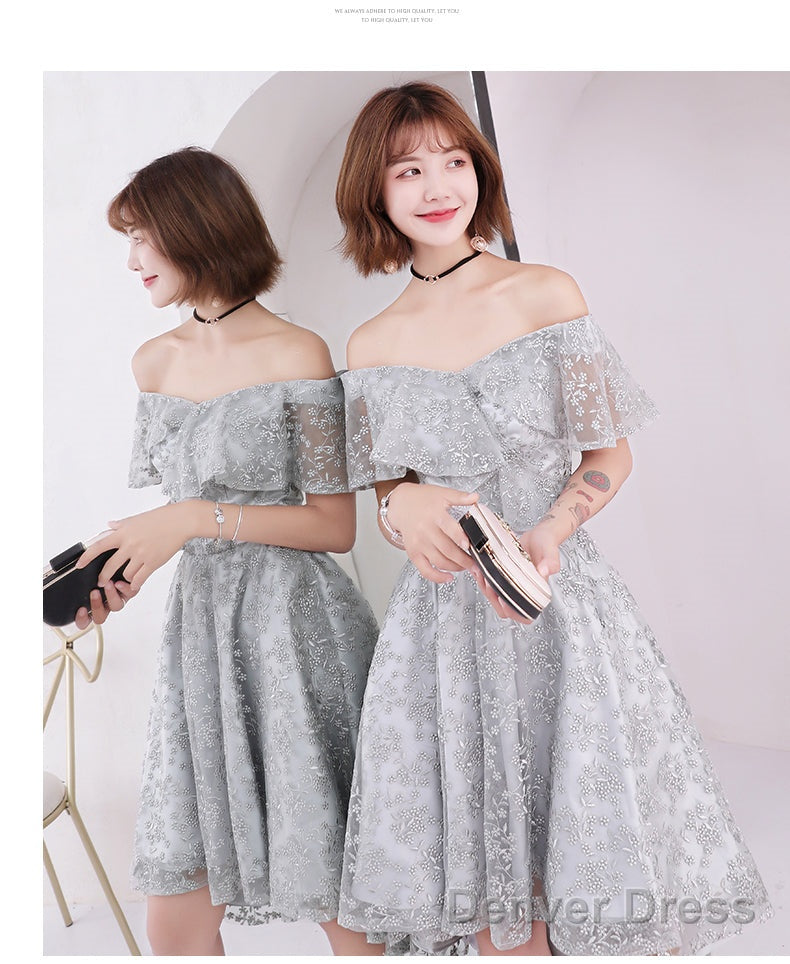 Light Grey Lace High Low Off Shoulder Homecoming Dress, Sliver-Grey Short Prom Dresses