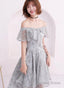 Light Grey Lace High Low Off Shoulder Homecoming Dress, Sliver-Grey Short Prom Dresses