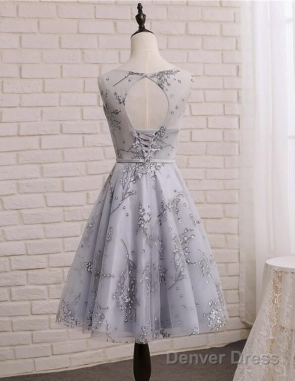 Light Grey Short Tulle With Applique Prom Dress, Beautiful Homecoming Dresses