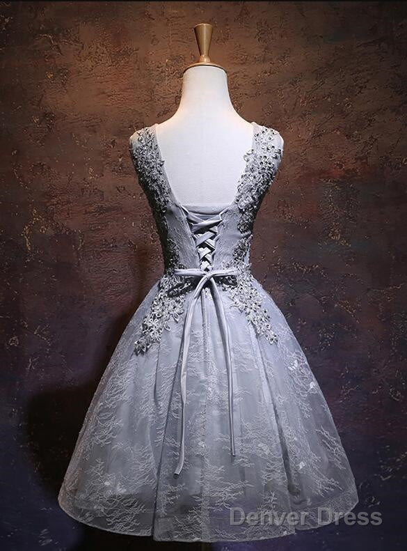 Light Grey Short V-Neckline Lace Applique Prom Dress, Grey Homecoming Dresses Secondary image