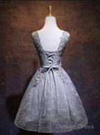 Light Grey Short V-Neckline Lace Applique Prom Dress, Grey Homecoming Dresses