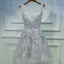 Light Grey Short V-Neckline Lace Applique Party Dress, Grey Homecoming Dress