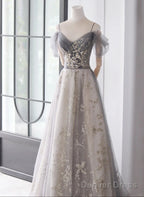 Light Grey Tulle A-Line Straps Long Party Dress, Grey Tulle Evening Dress