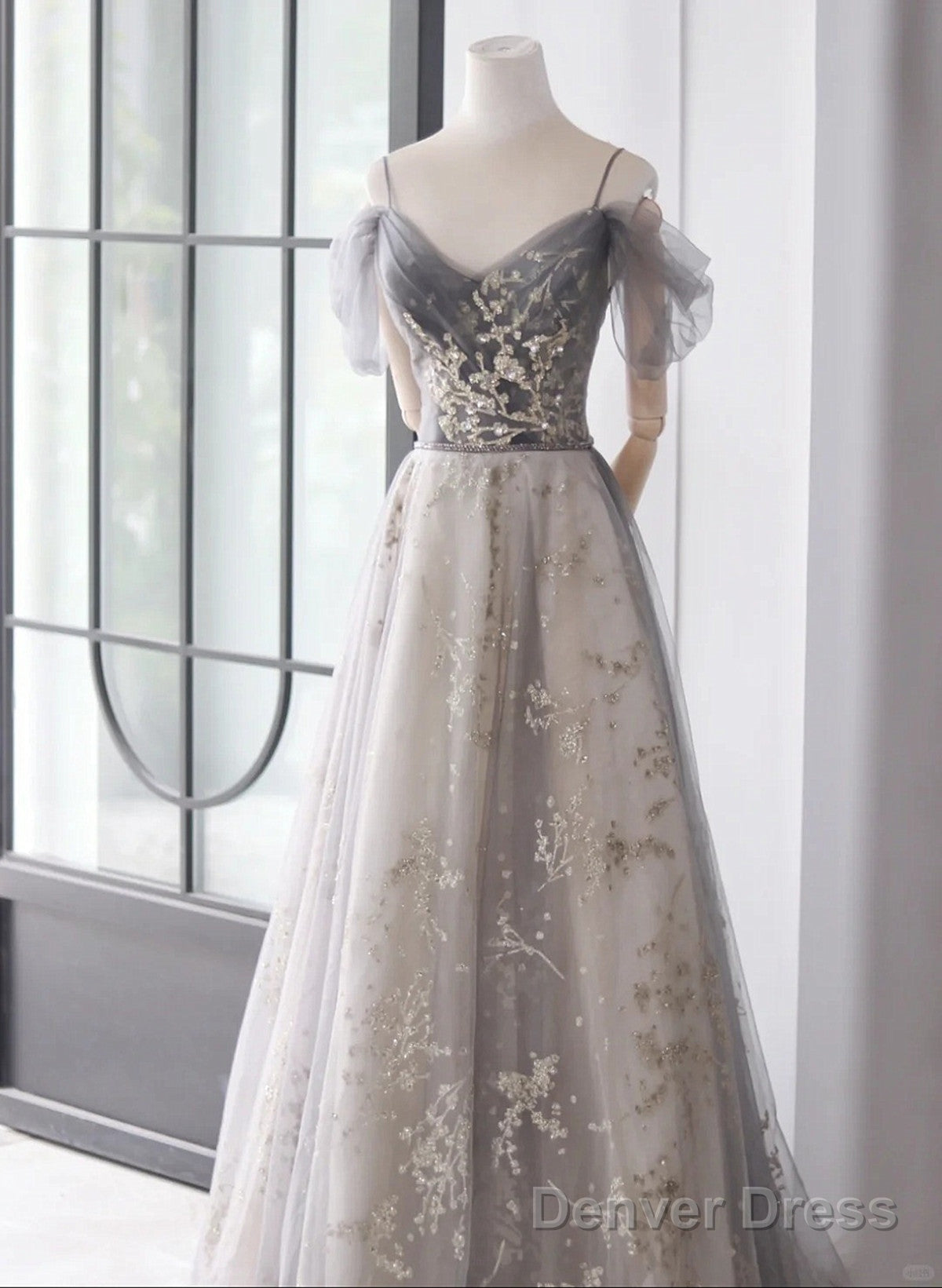 Light Grey Tulle A-Line Straps Long Prom Dress, Grey Tulle Prom Dresses Main image