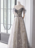 Light Grey Tulle A-Line Straps Long Prom Dress, Grey Tulle Prom Dresses