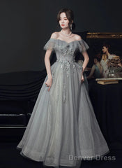 Light Grey Tulle A-Line Sweetheart Prom Dress, Grey Off Shoulder Party Dresses