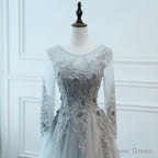 Light Grey Tulle Long Sleeves A-line Prom Dress, Grey Party Dress Formal Dress