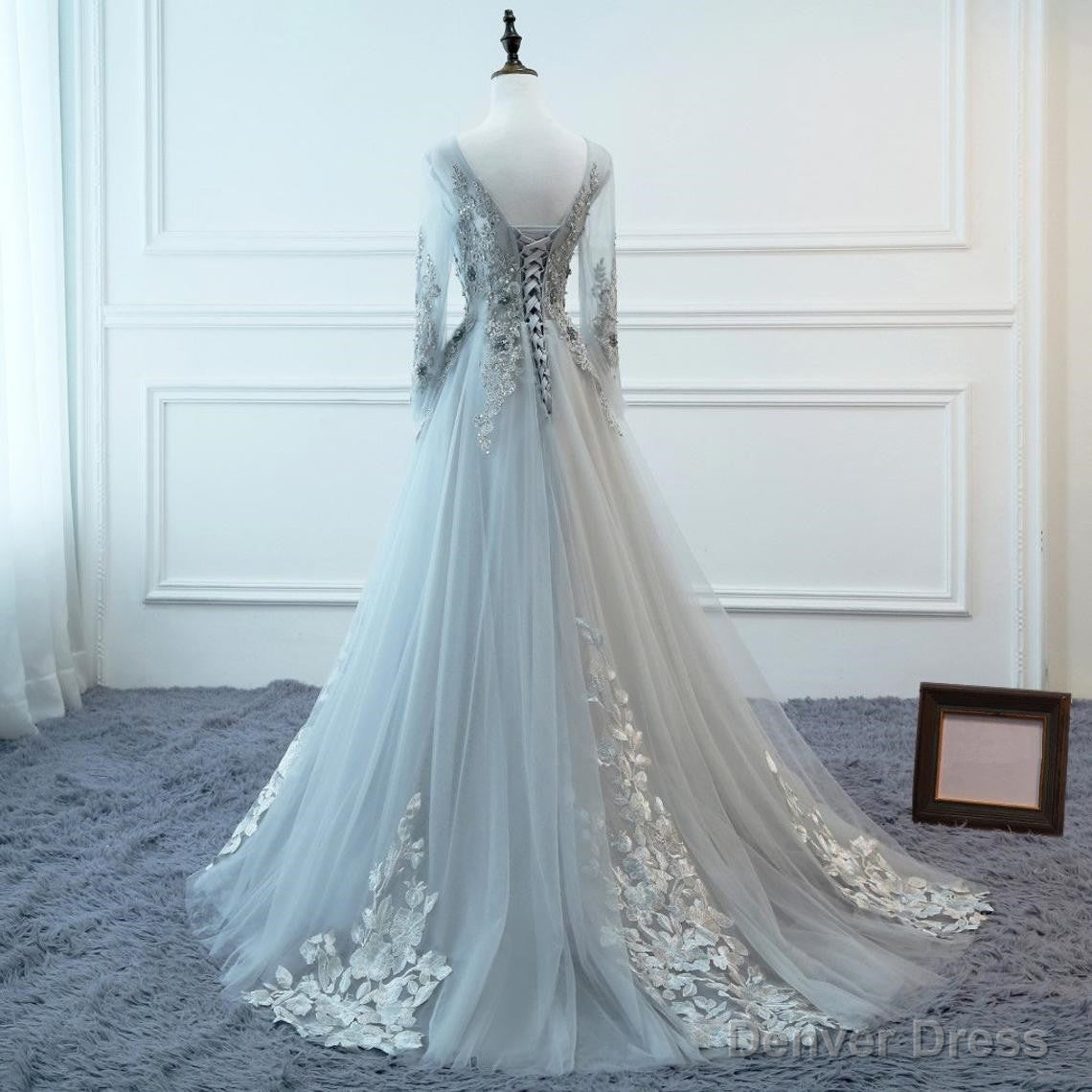 Light Grey Tulle Long Sleeves A-line Prom Dress, Grey Party Dress Formal Dress Secondary image