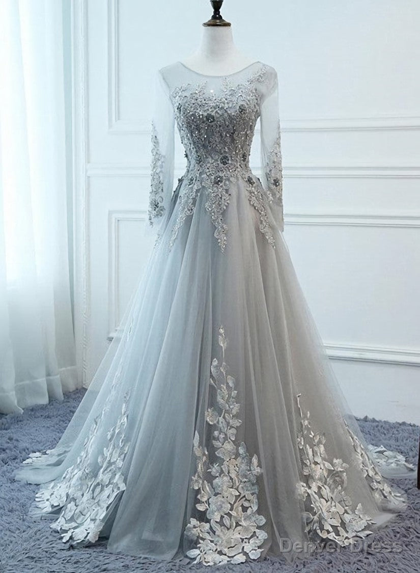 Light Grey Tulle Long Sleeves A Line Prom Dress, Grey Prom Dress