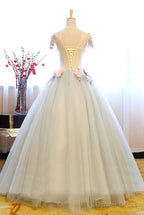 Light Grey Tulle Prom Dresses, Grey Sweet 16 Flowers Gowns