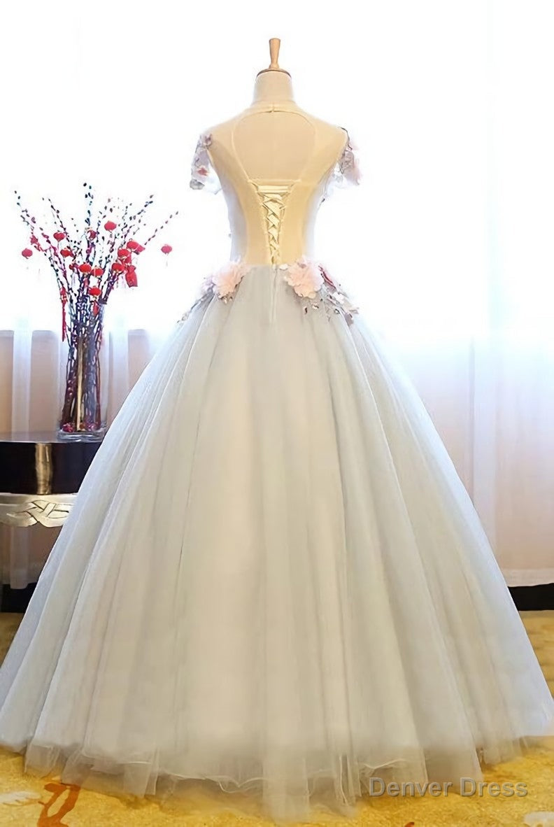 Light Grey Tulle Prom Dresses, Grey Sweet 16 Flowers Gowns