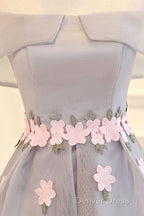 Light Grey Tulle With Flowers High Low Fashionable Prom Dress, Grey Homecoming Dresses