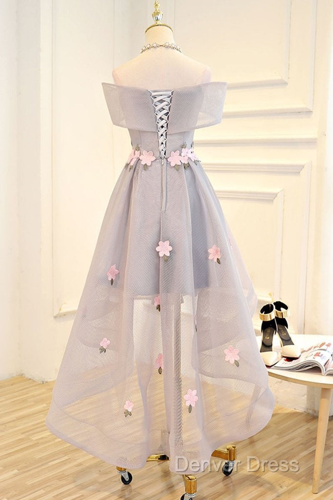 Light Grey Tulle With Flowers High Low Fashionable Prom Dress, Grey Homecoming Dresses