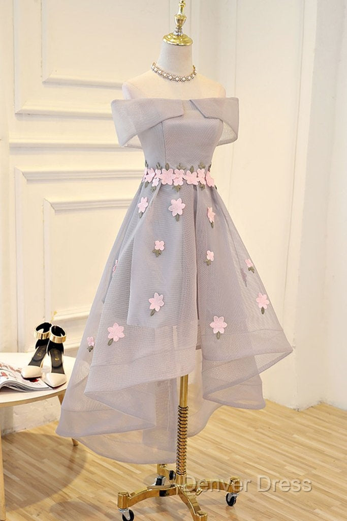 Light Grey Tulle With Flowers High Low Fashionable Prom Dress, Grey Homecoming Dresses