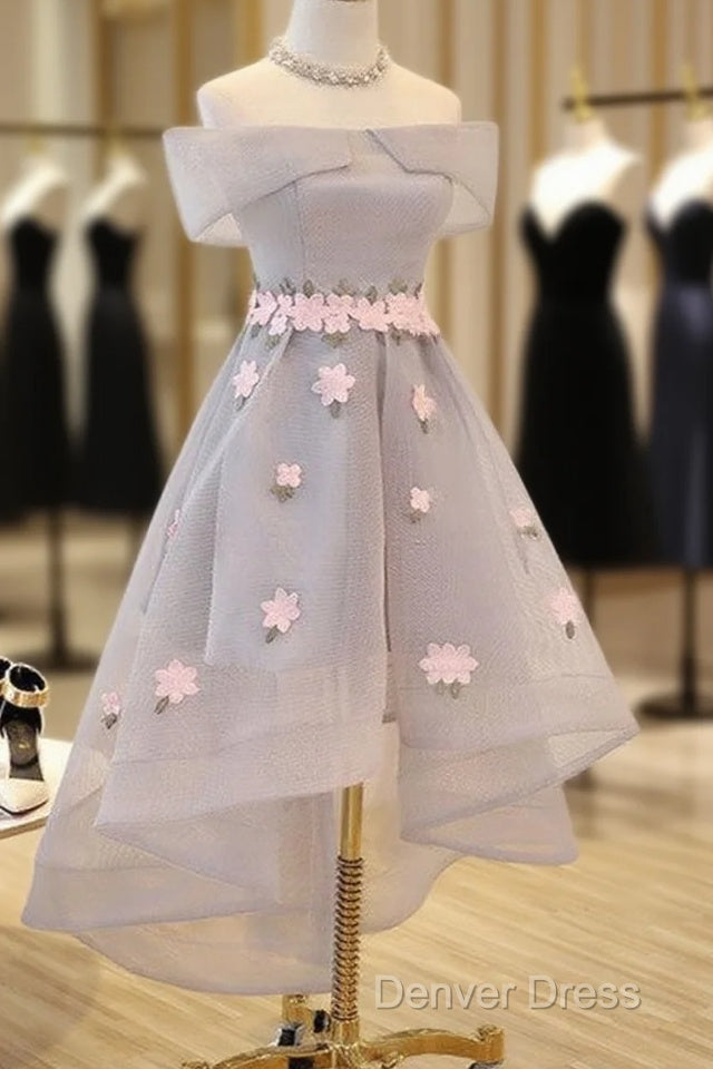 Light Grey Tulle With Flowers High Low Fashionable Prom Dress, Grey Homecoming Dresses