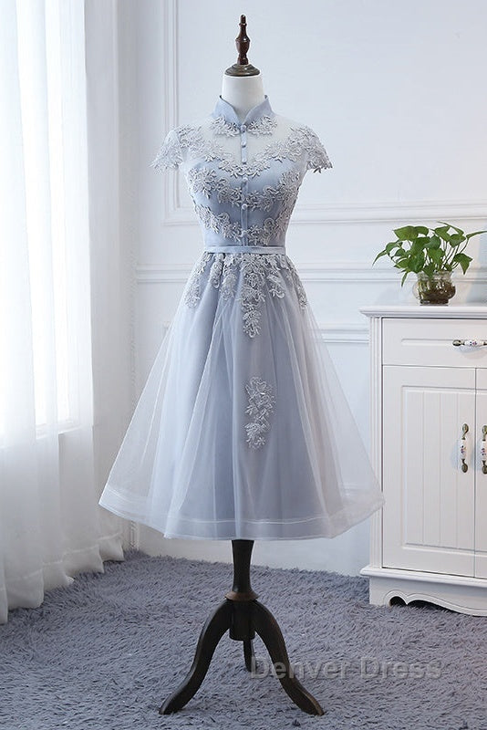 Light Grey Tulle With Lace Short Party Dresses Homecoming Dresses, Cap Sleeves Formal Dresses
