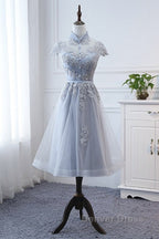 Light Grey Tulle With Lace Short Prom Dress Homecoming Dress, Cap Sleeves Prom Dresses