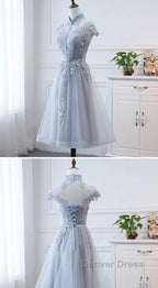Light Grey Tulle With Lace Short Party Dresses Homecoming Dresses, Cap Sleeves Formal Dresses