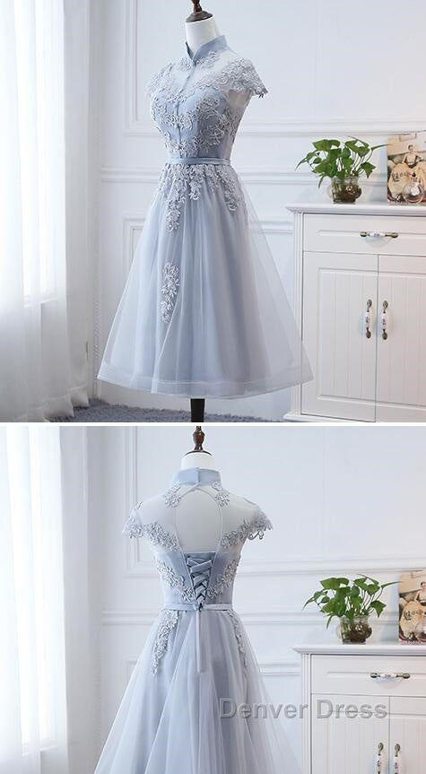 Light Grey Tulle With Lace Short Party Dresses Homecoming Dresses, Cap Sleeves Formal Dresses