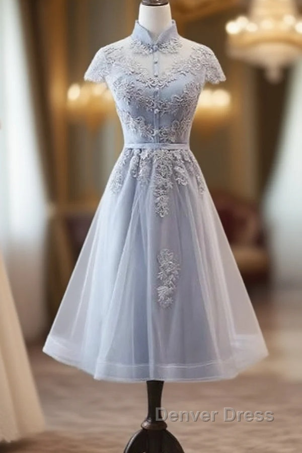 Light Grey Tulle With Lace Short Prom Dress Homecoming Dress, Cap Sleeves Prom Dresses