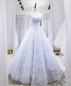 Light Lace Long Prom Dress, A Line Cap Sleeves Beaded Prom Dresses