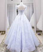 Light Lace Long Prom Dress, A Line Cap Sleeves Beaded Prom Dresses
