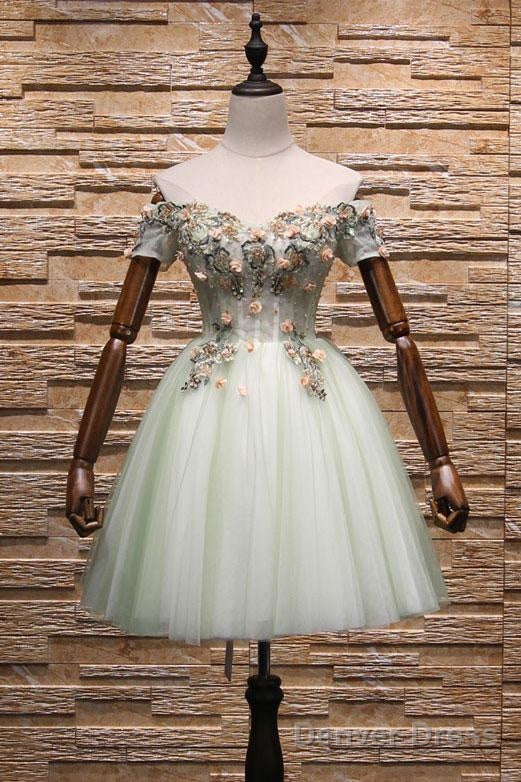 Light Mint Green Knee Length Floral Lace Sweetheart Prom Dress, Tulle Short Homecoming Dresses