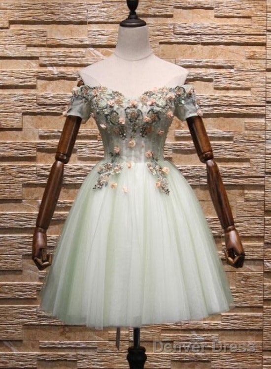 Light Mint Green Knee Length Floral Lace Sweetheart Prom Dress, Tulle Short Homecoming Dresses Main image
