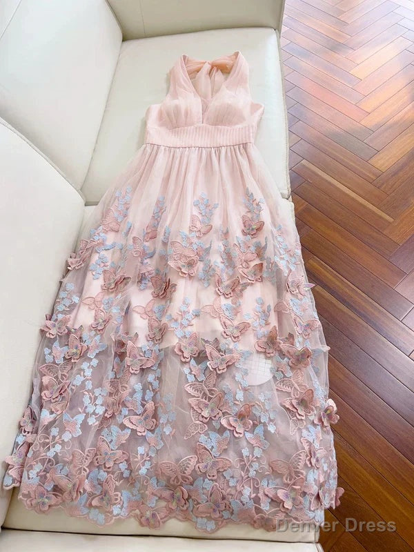 Light Pink A Line Halter Butterfly Appliques Tulle Prom Dress Secondary image