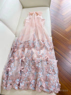 Light Pink A Line Halter Butterfly Appliques Tulle Prom Dress