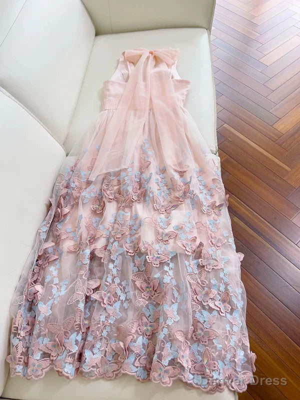 Light Pink A Line Halter Butterfly Appliques Tulle Prom Dress