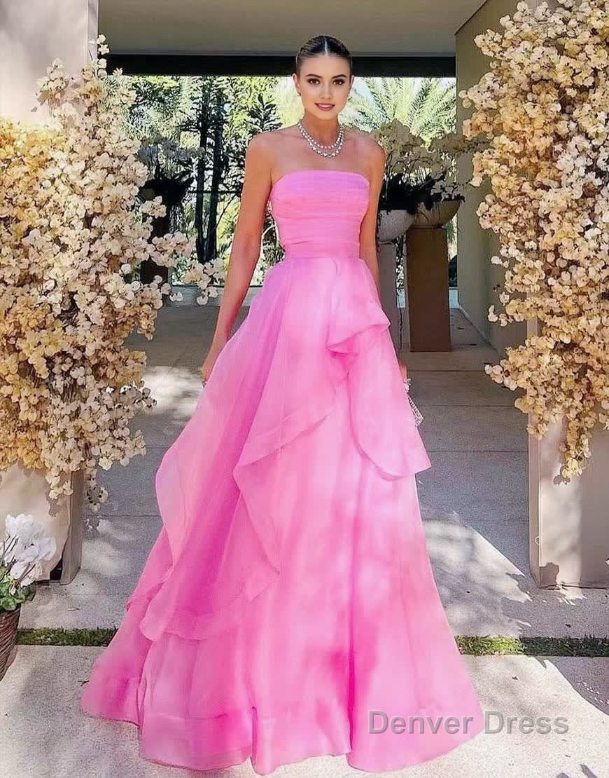 Light Pink A Line Strapless Organza Prom Dresses