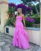 Light Pink A Line Strapless Organza Prom Dresses