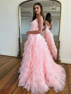 Light Pink A Line Tiered Spaghetti Straps Tulle Prom Dresses
